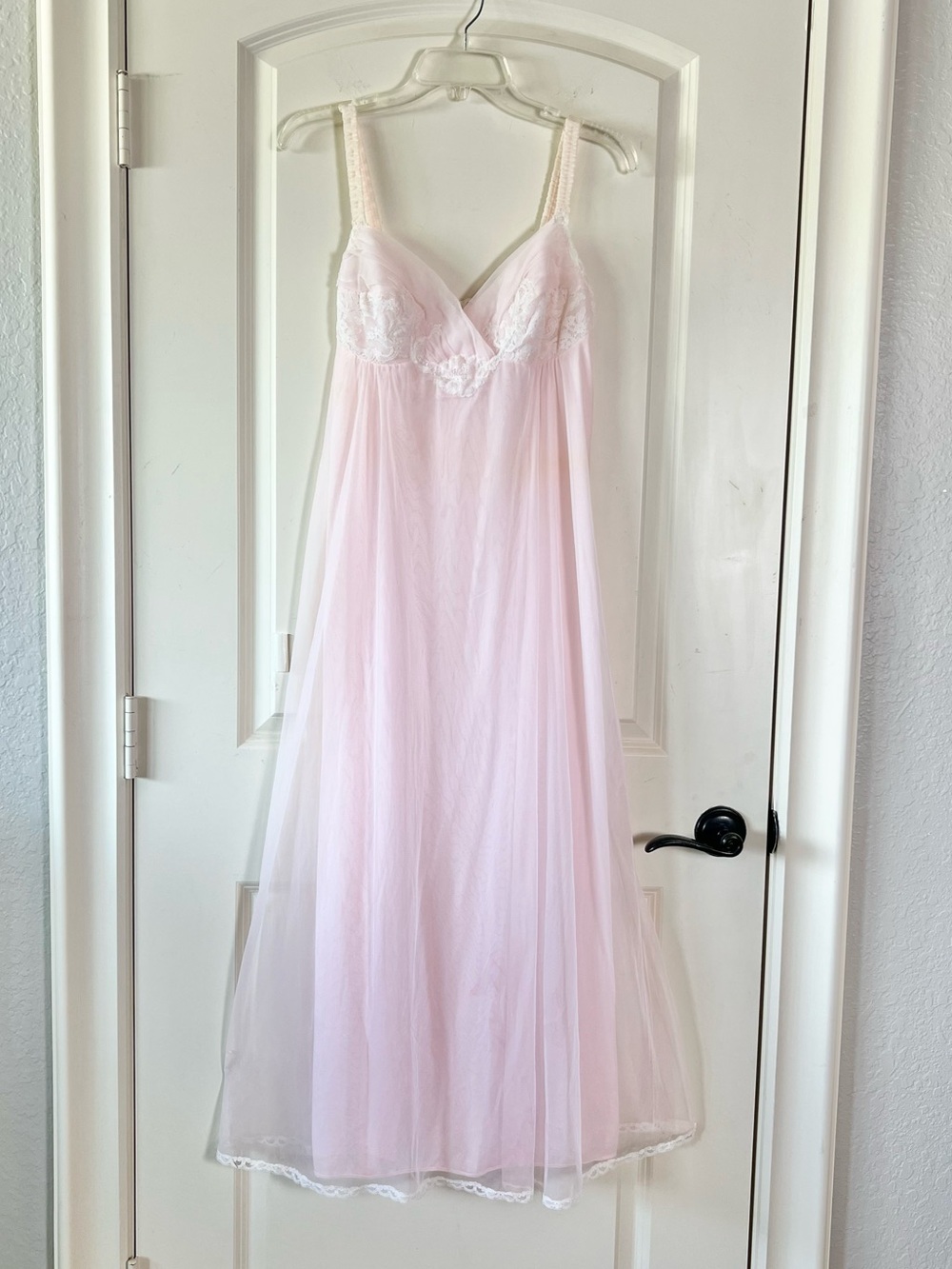 Vintage Vassarette Pink Nylon Chiffon Maxi Nightgown Lace Trim Pleated Dress